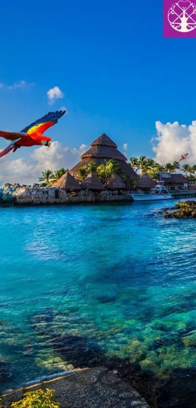 Tropical paradise with parrots and blue ocean scene.