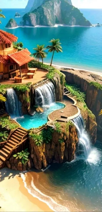 Tropical island retreat with waterfalls and ocean view.