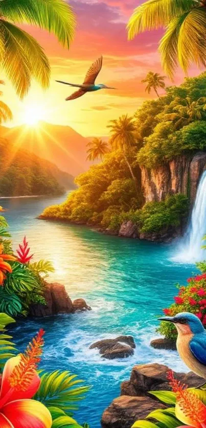 Tropical paradise landscape with waterfall and vibrant flora and fauna.