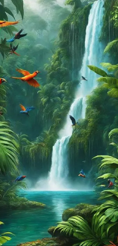 Lush greenery with birds and a tropical waterfall scene.