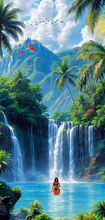 A vibrant tropical waterfall scene with lush greenery and blue skies.