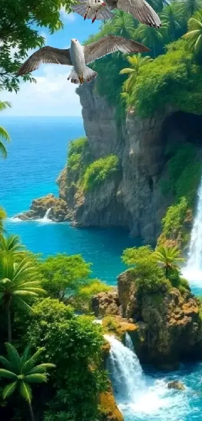 Lush tropical waterfall and ocean view with seagulls.