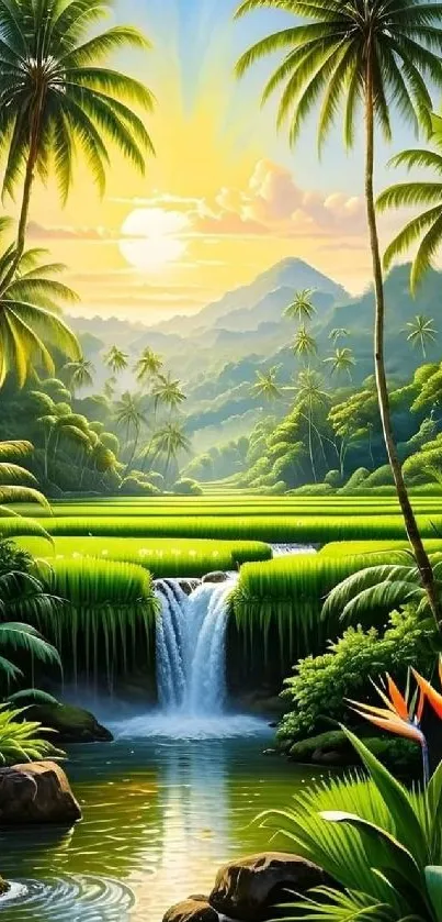 Tropical paradise with waterfall and lush greenery in vibrant colors.