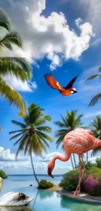 Colorful tropical scene with flamingo.