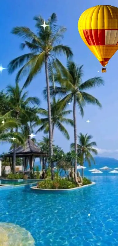 Tropical scene with a pool and hot air balloon under a blue sky.