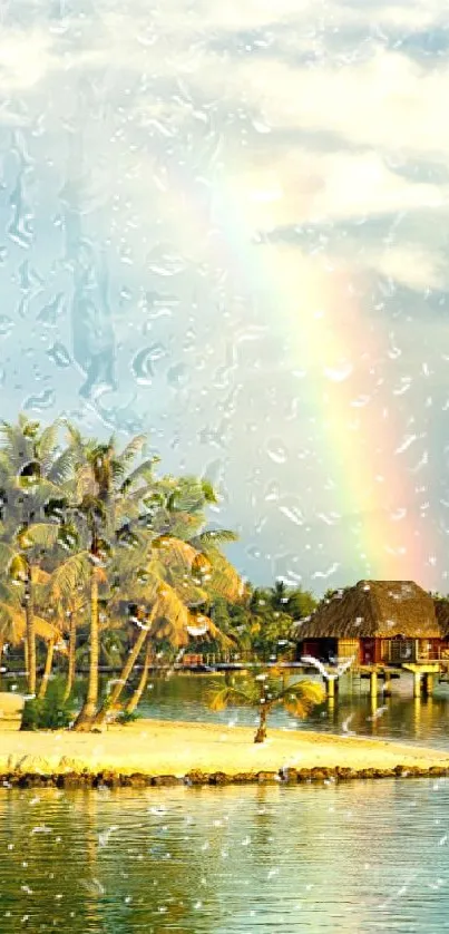 Tropical island with rainbow and palm trees under a blue sky.