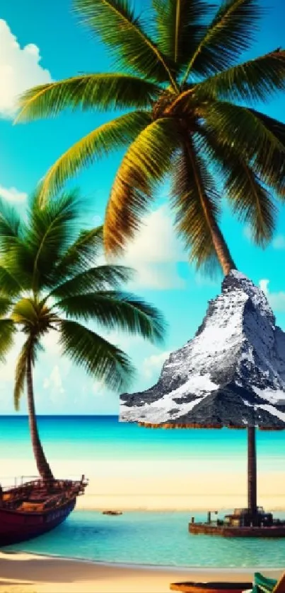 Tropical beach wallpaper with palm trees and snowy mountain peak.