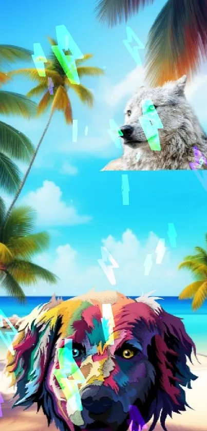 Colorful dog and wolf on a tropical beach with palm trees and vibrant sky.