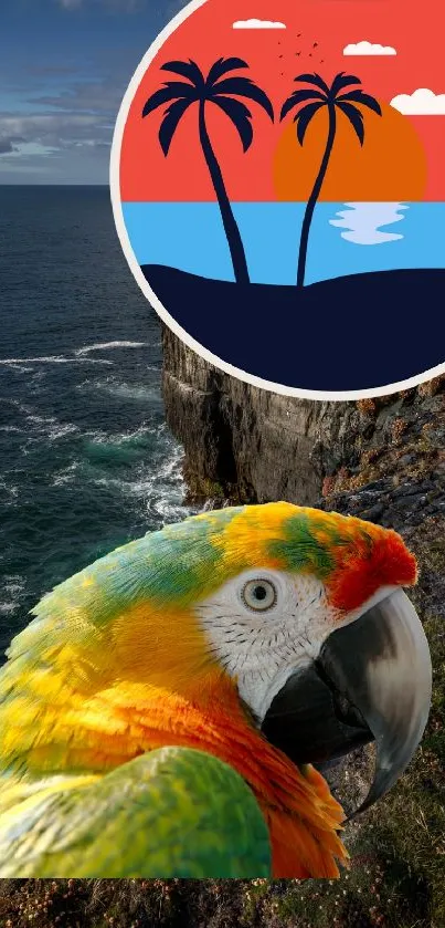 Tropical parrot with ocean and palm trees on a cliffside view.