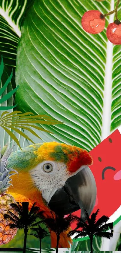 Tropical collage wallpaper with parrot, leaves, and fruits.