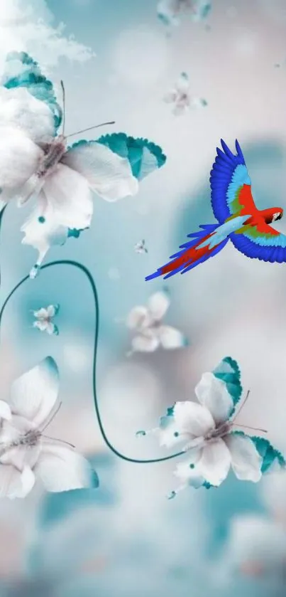 Colorful parrot amidst white and teal flowers wallpaper.