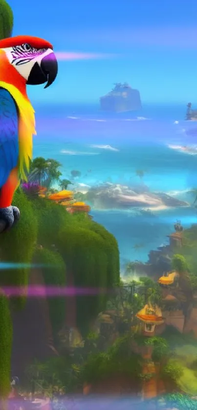 Vibrant tropical parrot perched with ocean and island view.