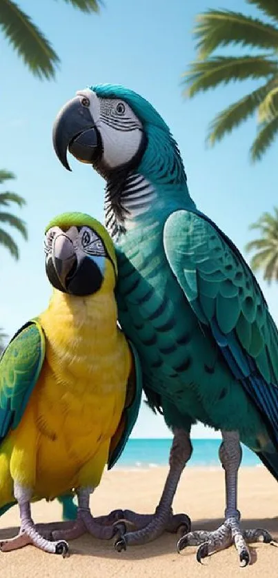 Two colorful macaws on a tropical beach with palm trees and blue sky.