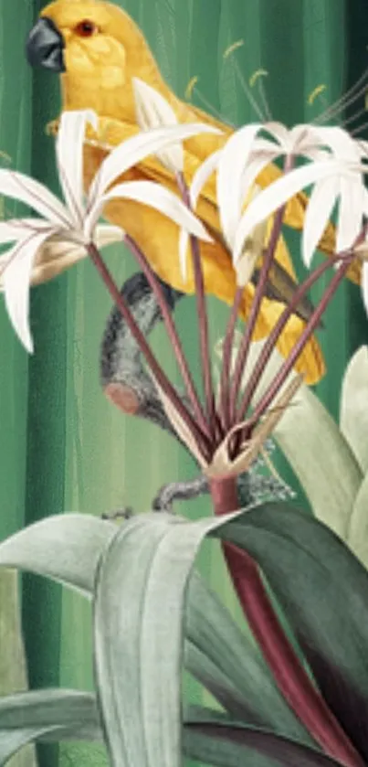 Tropical parrot amidst green foliage with white blooms.