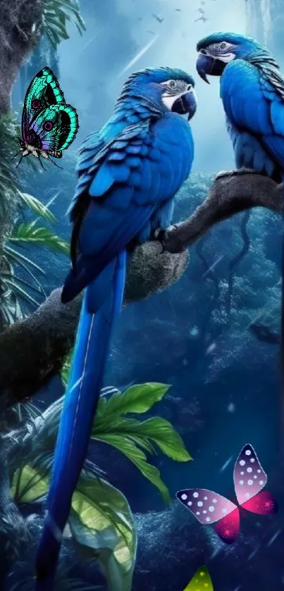 Blue parrots perched in a lush jungle with colorful butterflies.
