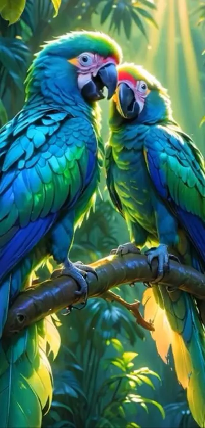 Colorful parrots in a lush jungle setting with vibrant green leaves.