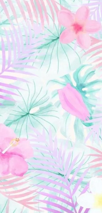 Pastel tropical leaves and flowers wallpaper.