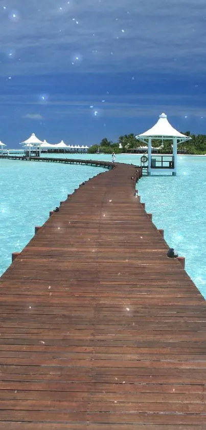 Tropical wooden pathway over turquoise waters leading to white huts.