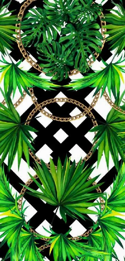 Tropical palm leaves phone wallpaper in green and black pattern.