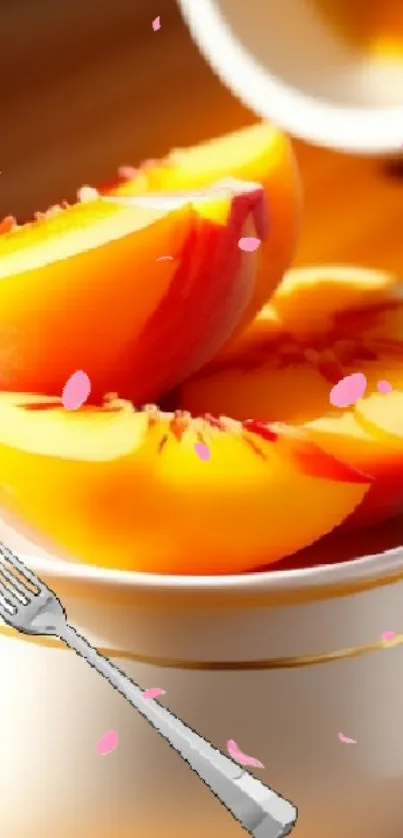 Peach slices in stylish bowl on wooden surface wallpaper.