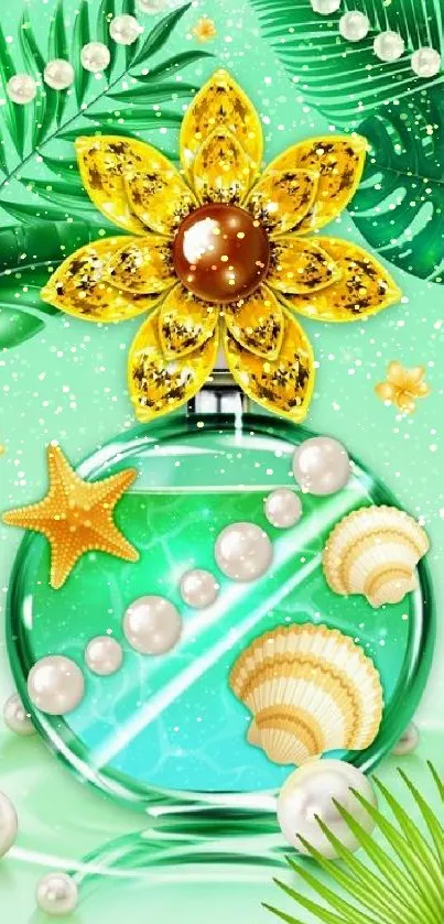 Tropical perfume bottle with pearls and leaves on mint green background.