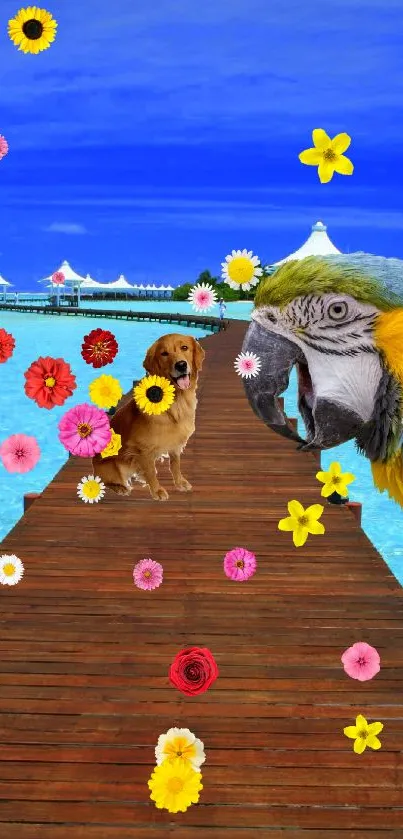 Tropical pier with a parrot and dog on a sunny day.