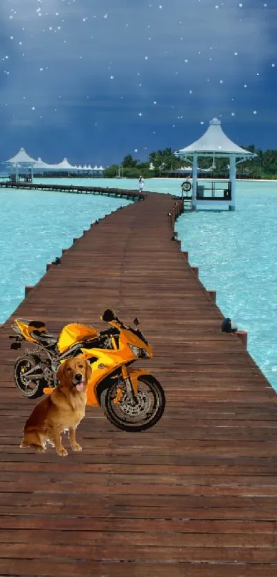 Tropical pier with dog and motorcycle on a clear blue ocean.