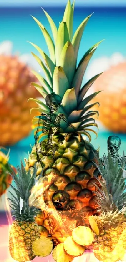 Surreal pineapple artwork on tropical beach background.