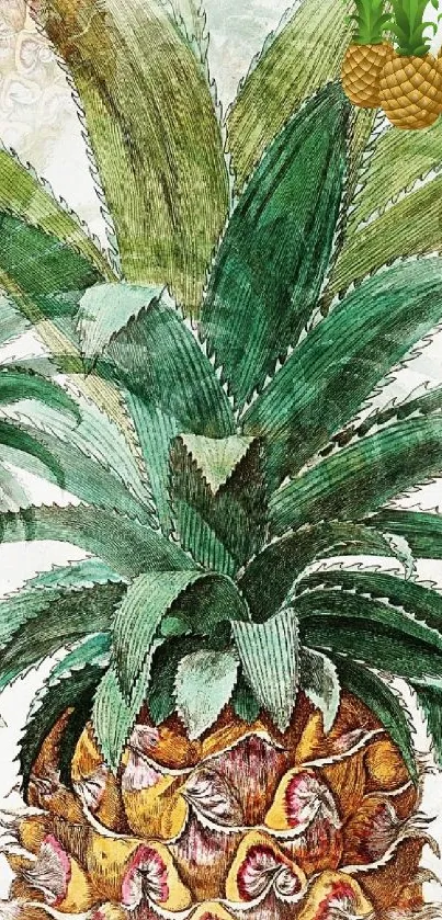 Artistic pineapple design with lush green leaves.