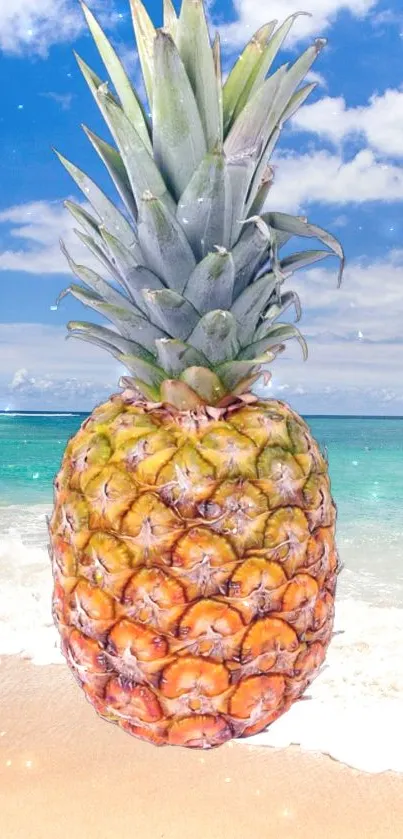 Tropical pineapple on a sandy beach with a blue ocean backdrop.