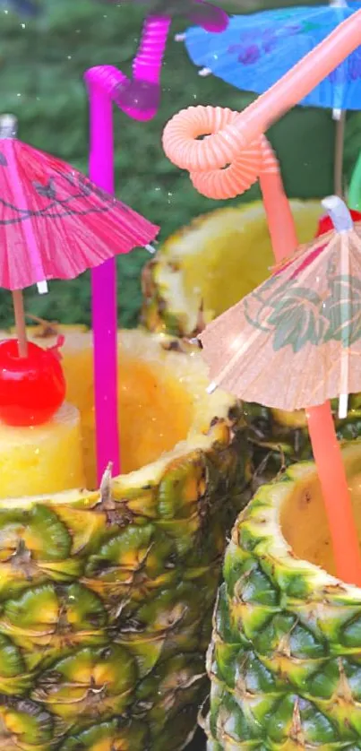 Tropical pineapple drink with colorful umbrellas and straws.