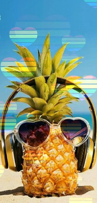 Pineapple with sunglasses and headphones on a sunny beach.