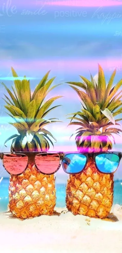 Pineapples wearing sunglasses on a sandy beach with a vibrant sky.