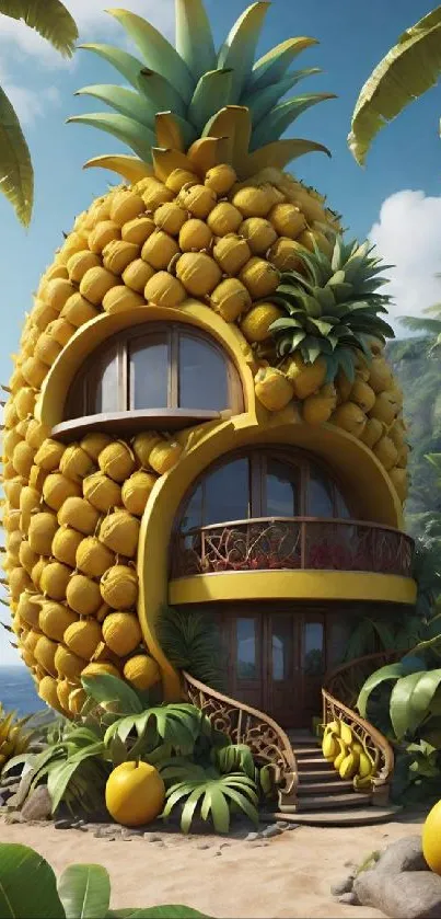 Pineapple-shaped house by the sea with tropical plants and blue skies.