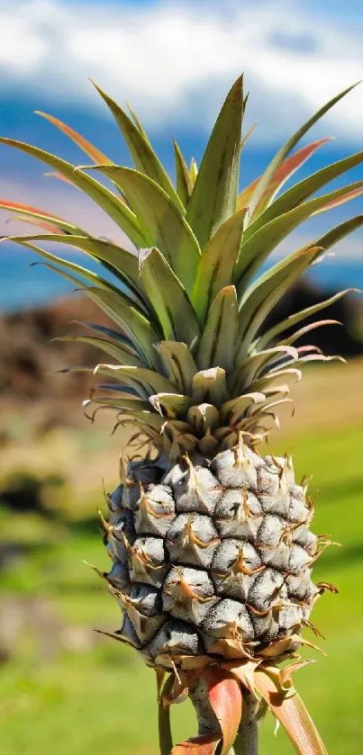 Pineapple in a tropical landscape with vibrant green foliage.