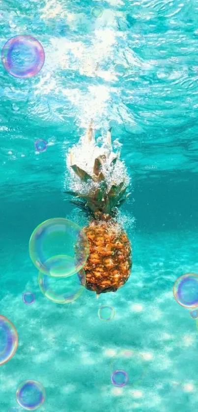 Pineapple splashing underwater in turquoise sea.