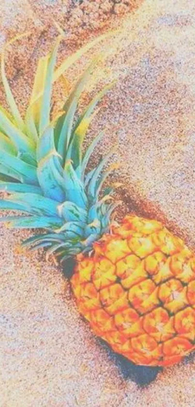 Vibrant pineapple on a sandy beach background, perfect for a tropical phone wallpaper.