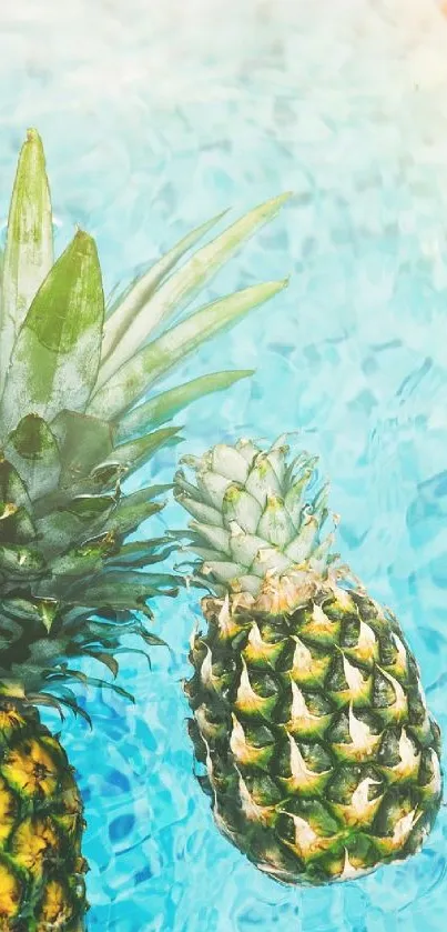 Pineapples floating in clear blue water wallpaper.