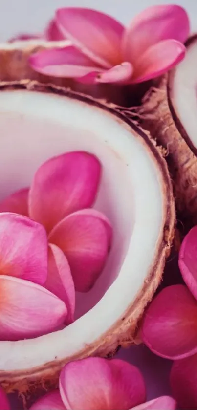 Tropical pink flowers inside coconut shells wallpaper.