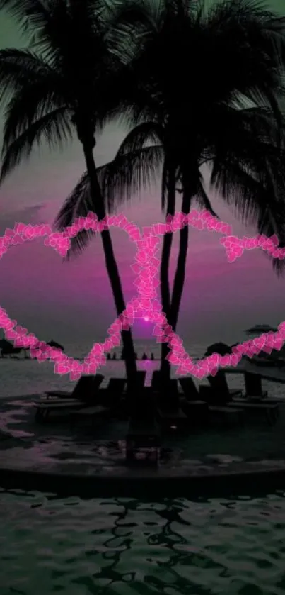 Pink heart shapes glow in a tropical sunset scene.