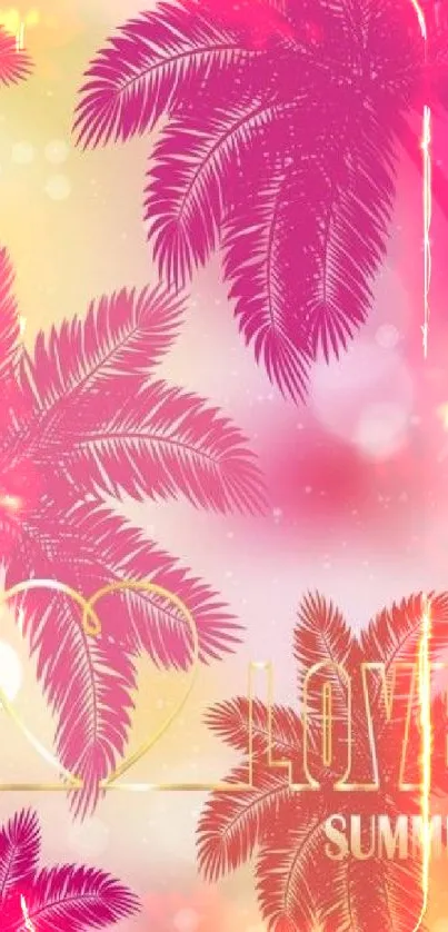 Pink tropical summer wallpaper with palm leaves and love text design.