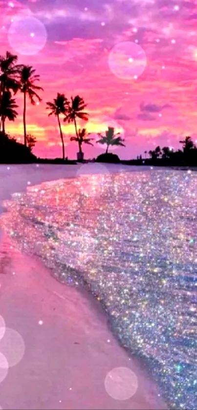 Tropical beach sunset with pink sky and palm trees reflecting on water.