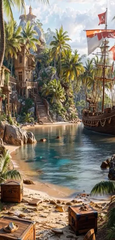 Pirate ship by a tropical cove with treasure chests and palm trees.