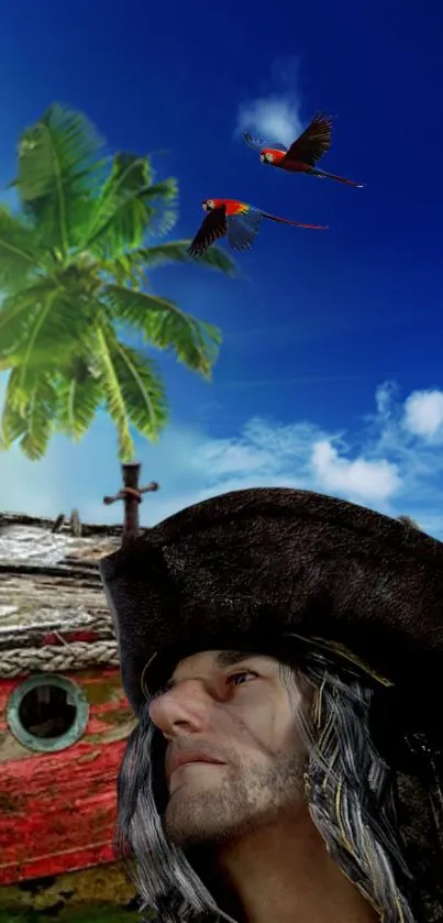 Pirate with ships and parrots in tropical setting.