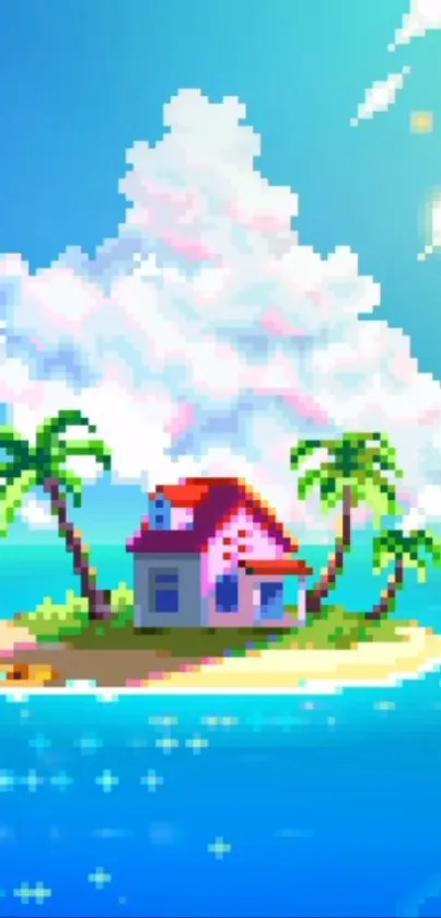 Pixel art of a tropical island with palm trees and blue ocean.