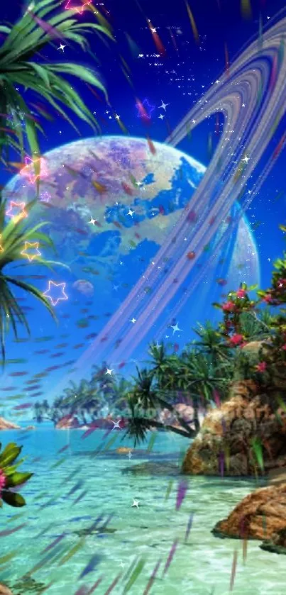 Tropical fantasy scene with planets and vibrant colors.