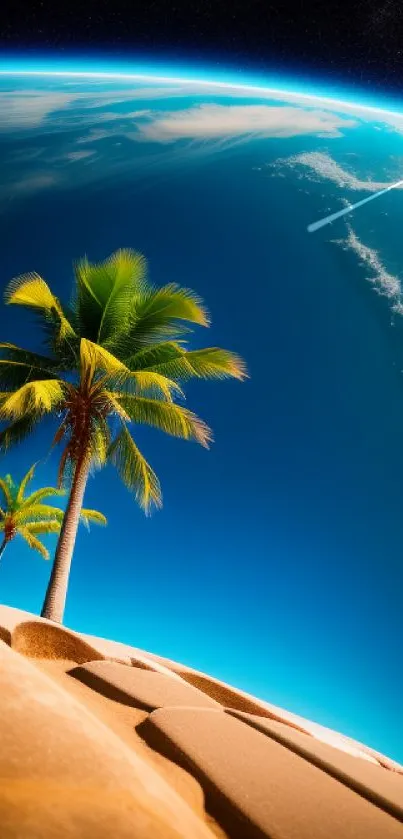 Palm trees against a stunning blue planetary horizon wallpaper.
