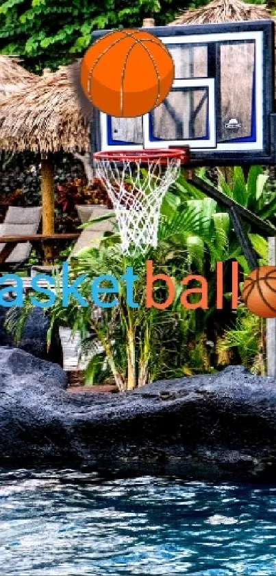 Tropical pool setting with basketball court and lush greenery.