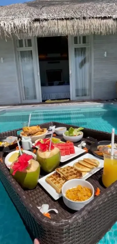 Floating breakfast in turquoise pool by villa.