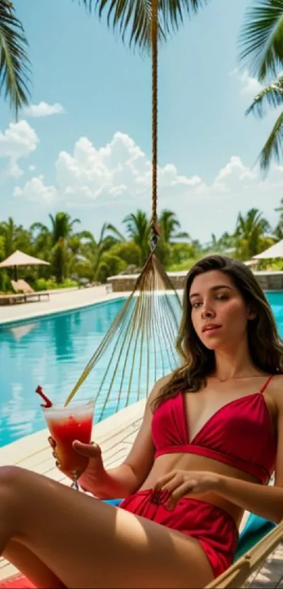 Woman relaxing in a hammock by the pool at a tropical resort.
